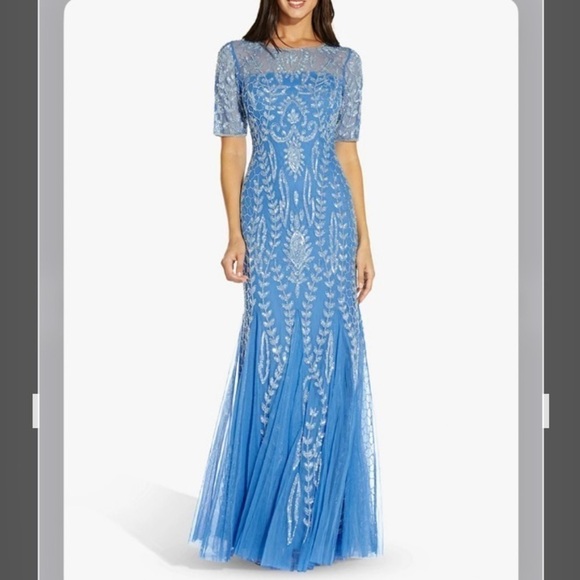 Adrianna Papell Short Sleeve Floral Beaded Gown with Godets in Ocean Dream - Picture 4 of 8
